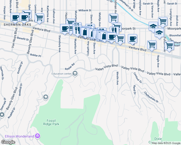 map of restaurants, bars, coffee shops, grocery stores, and more near 13866 Valley Vista Boulevard in Los Angeles