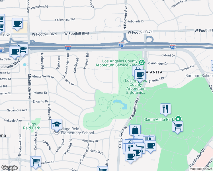 map of restaurants, bars, coffee shops, grocery stores, and more near 821 San Simeon Road in Arcadia