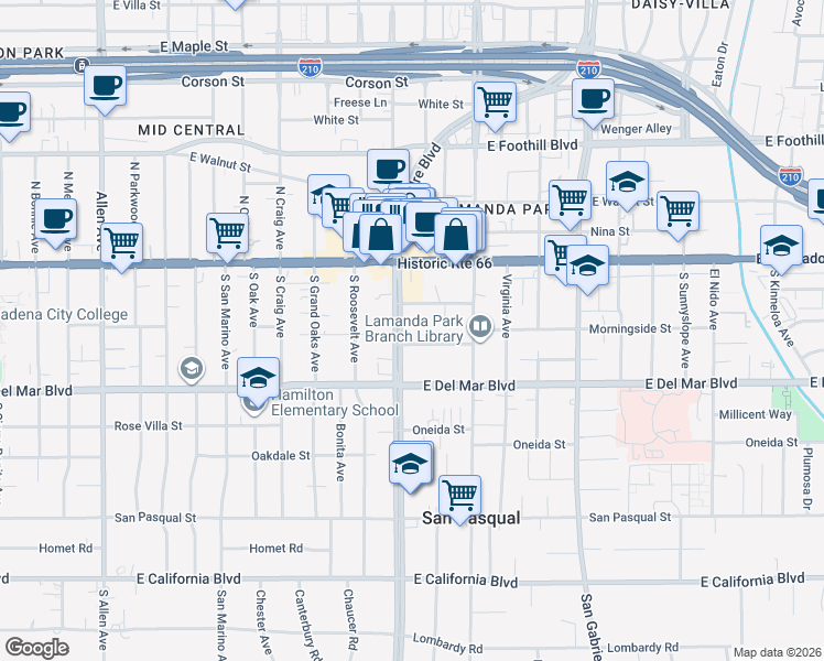 map of restaurants, bars, coffee shops, grocery stores, and more near 120 South Sierra Madre Boulevard in Pasadena