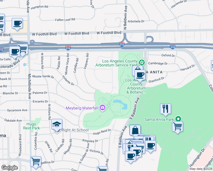 map of restaurants, bars, coffee shops, grocery stores, and more near 820 San Simeon Road in Arcadia