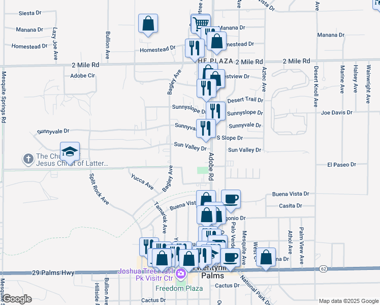 map of restaurants, bars, coffee shops, grocery stores, and more near 73602 Sun Valley Drive in Twentynine Palms