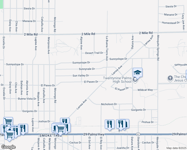 map of restaurants, bars, coffee shops, grocery stores, and more near 72369 Sunnyvale Drive in Twentynine Palms