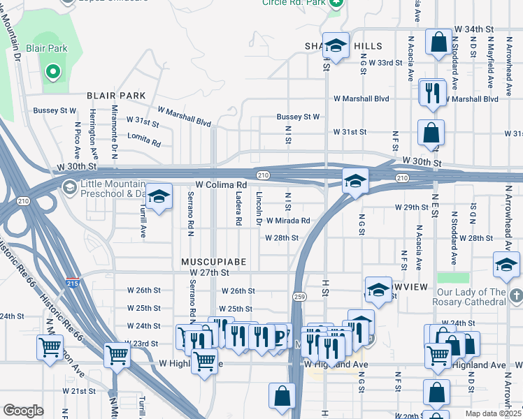 map of restaurants, bars, coffee shops, grocery stores, and more near 944 West 29th Street in San Bernardino