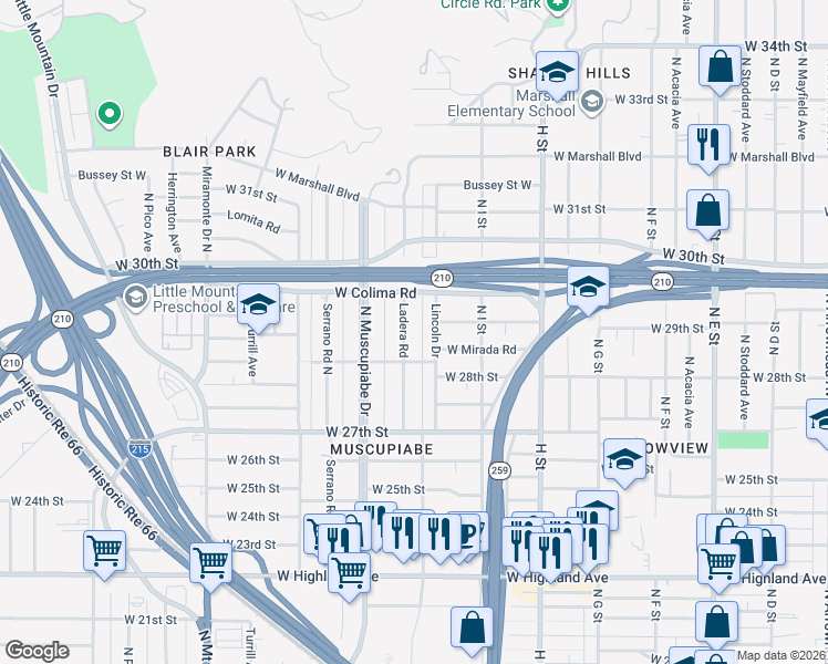 map of restaurants, bars, coffee shops, grocery stores, and more near 2865 Ladera Road in San Bernardino