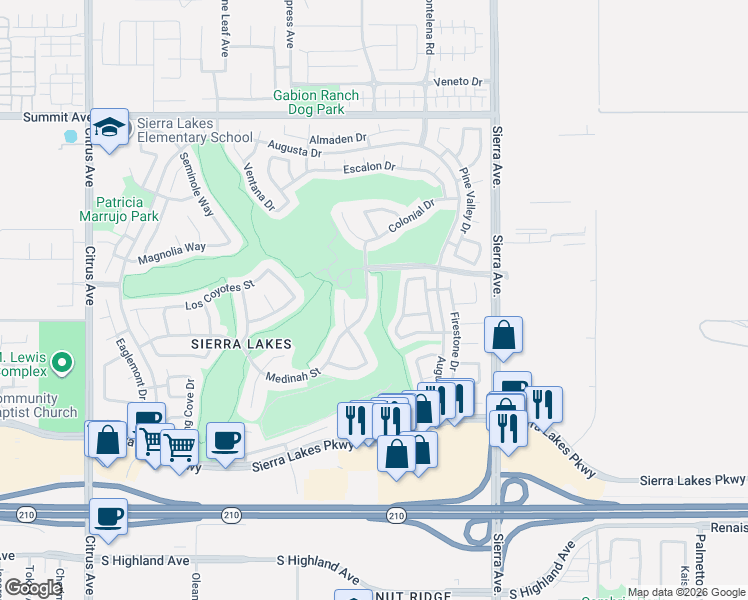 map of restaurants, bars, coffee shops, grocery stores, and more near 6025 Medinah Street in Fontana