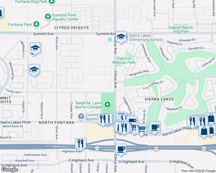 map of restaurants, bars, coffee shops, grocery stores, and more near 5993 Pennsylvania Avenue in Fontana