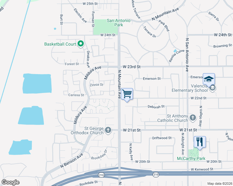 map of restaurants, bars, coffee shops, grocery stores, and more near 2226 Plumeria Avenue in Upland