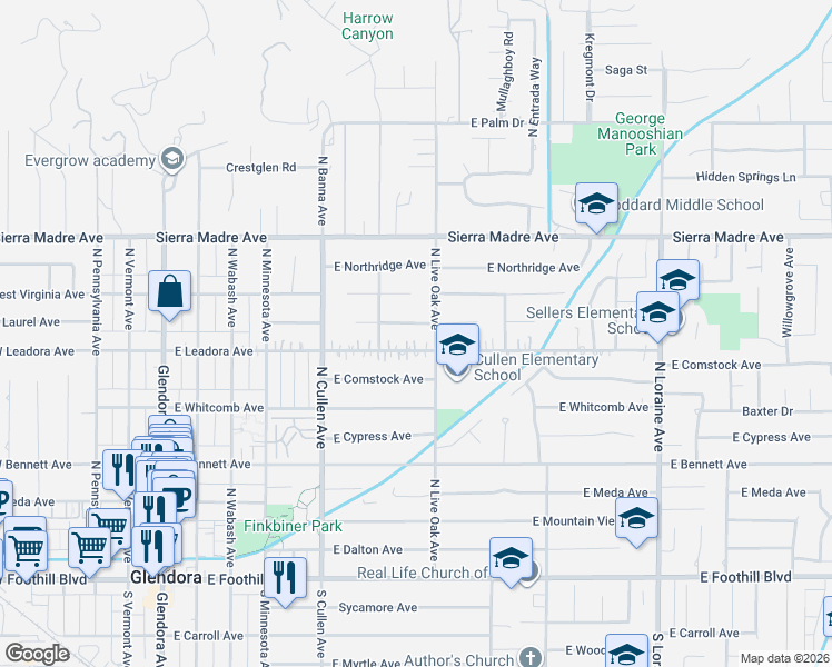map of restaurants, bars, coffee shops, grocery stores, and more near 659 East Laurel Avenue in Glendora