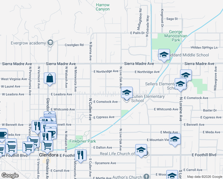 map of restaurants, bars, coffee shops, grocery stores, and more near 613 East Laurel Avenue in Glendora