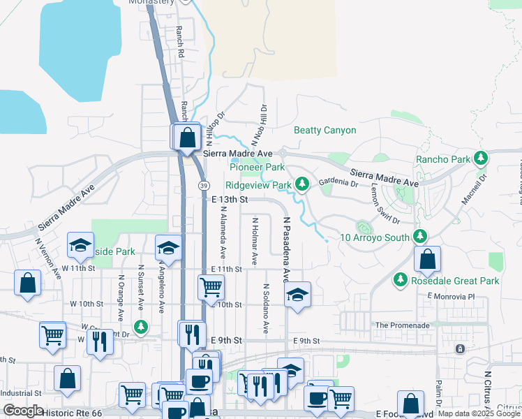 map of restaurants, bars, coffee shops, grocery stores, and more near 333 East 13th Street in Azusa