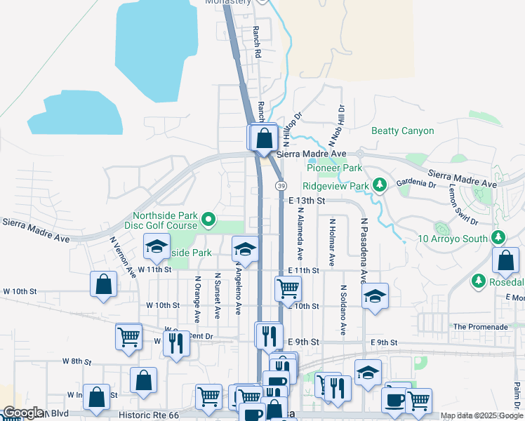 map of restaurants, bars, coffee shops, grocery stores, and more near 1285 North San Gabriel Avenue in Azusa