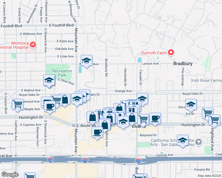 map of restaurants, bars, coffee shops, grocery stores, and more near 1125 Orange Avenue in Monrovia