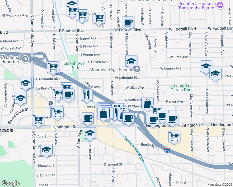 map of restaurants, bars, coffee shops, grocery stores, and more near 940 West Olive Avenue in Monrovia