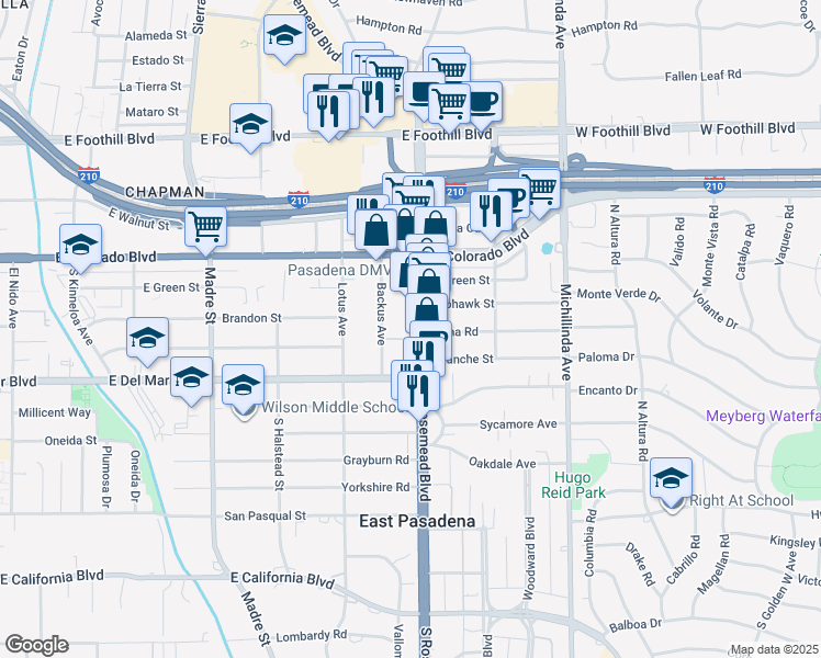 map of restaurants, bars, coffee shops, grocery stores, and more near 100 Backus Avenue in Pasadena