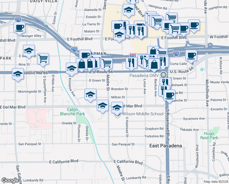 map of restaurants, bars, coffee shops, grocery stores, and more near 3461 Brandon Street in Pasadena