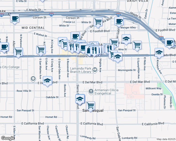 map of restaurants, bars, coffee shops, grocery stores, and more near 2468 Mohawk Street in Pasadena