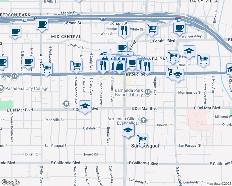 map of restaurants, bars, coffee shops, grocery stores, and more near 90 South Roosevelt Avenue in Pasadena