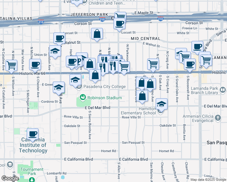 map of restaurants, bars, coffee shops, grocery stores, and more near 80 South Meridith Avenue in Pasadena