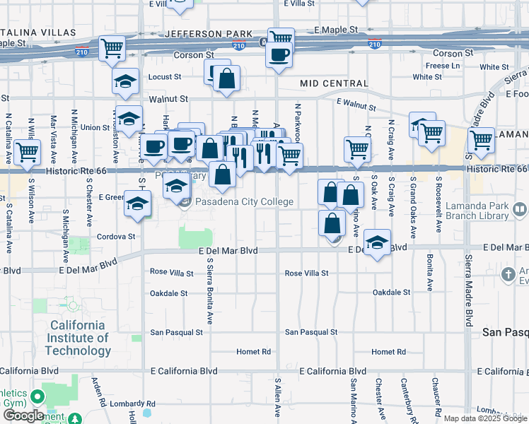 map of restaurants, bars, coffee shops, grocery stores, and more near 80 South Meridith Avenue in Pasadena
