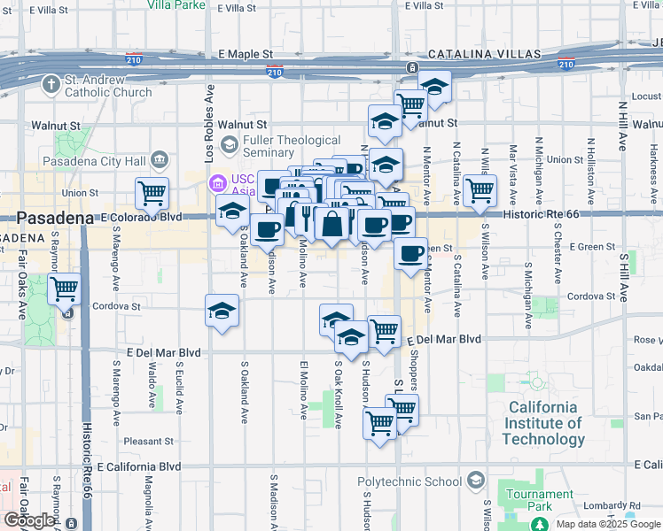 map of restaurants, bars, coffee shops, grocery stores, and more near 718 East Green Street in Pasadena