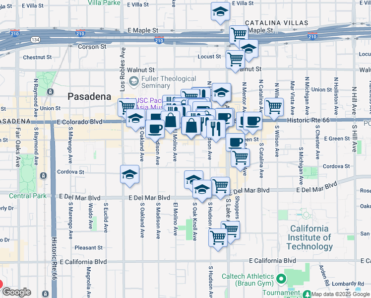 map of restaurants, bars, coffee shops, grocery stores, and more near 718 East Green Street in Pasadena