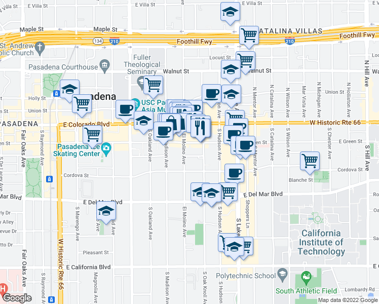 map of restaurants, bars, coffee shops, grocery stores, and more near 656 East Green Street in Pasadena
