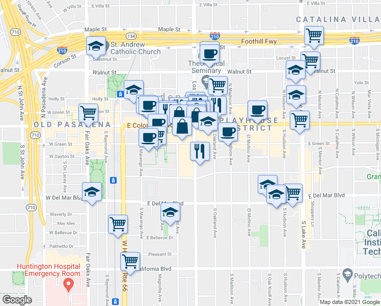 map of restaurants, bars, coffee shops, grocery stores, and more near in Pasadena