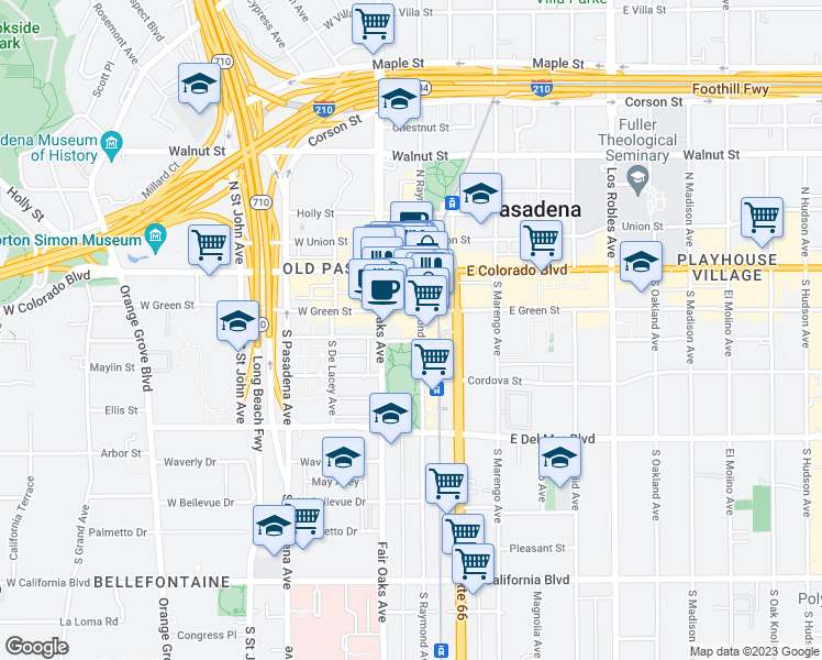 map of restaurants, bars, coffee shops, grocery stores, and more near in Pasadena