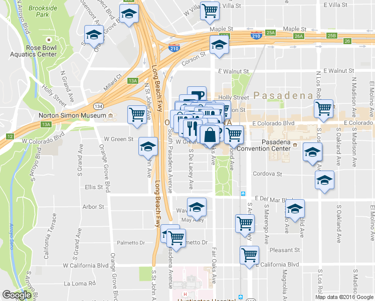 map of restaurants, bars, coffee shops, grocery stores, and more near 70W West Green Street in Pasadena