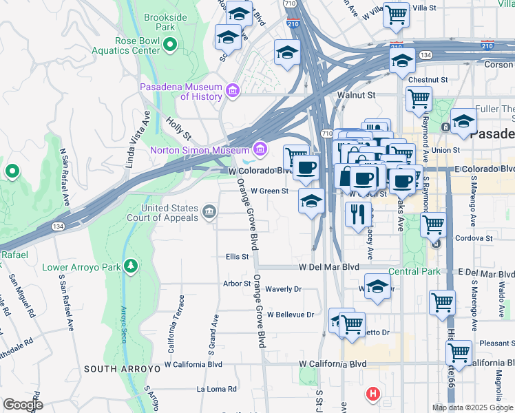 map of restaurants, bars, coffee shops, grocery stores, and more near in Pasadena