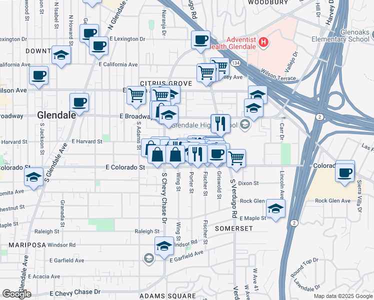 map of restaurants, bars, coffee shops, grocery stores, and more near 1305 East Harvard Street in Glendale