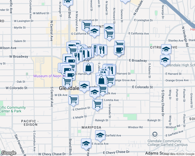 map of restaurants, bars, coffee shops, grocery stores, and more near 409 East Harvard Street in Glendale