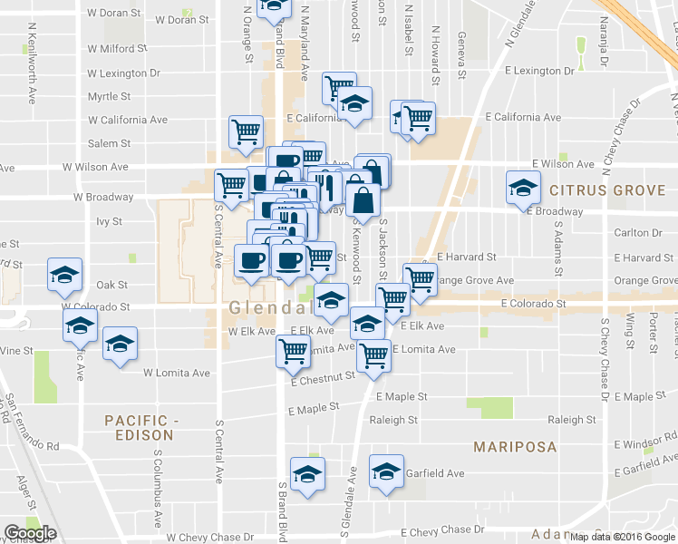 map of restaurants, bars, coffee shops, grocery stores, and more near 162 South Louise Street in Glendale