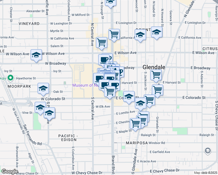 map of restaurants, bars, coffee shops, grocery stores, and more near 821 Americana Way in Glendale