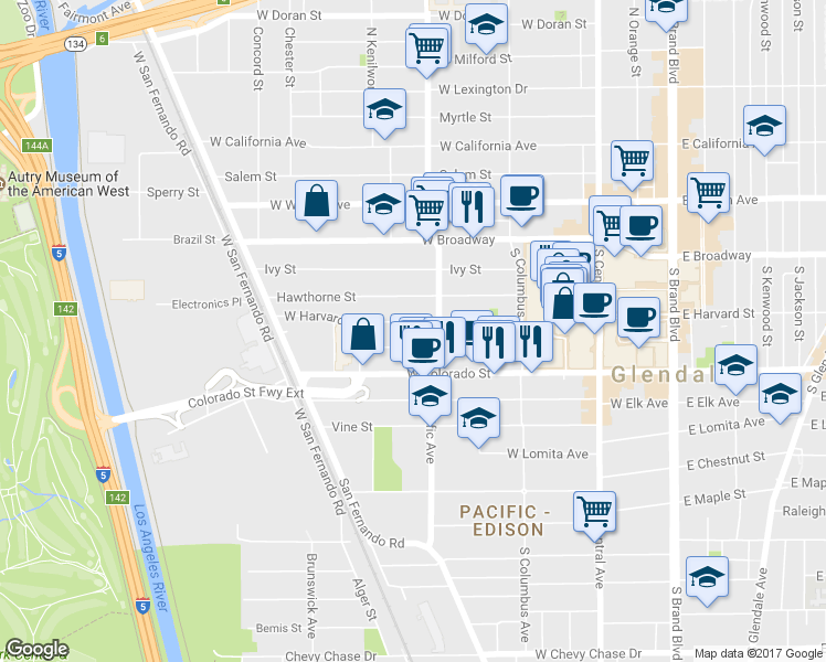 map of restaurants, bars, coffee shops, grocery stores, and more near 165 South Pacific Avenue in Glendale