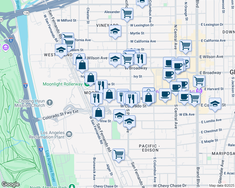 map of restaurants, bars, coffee shops, grocery stores, and more near 539 West Harvard Street in Glendale