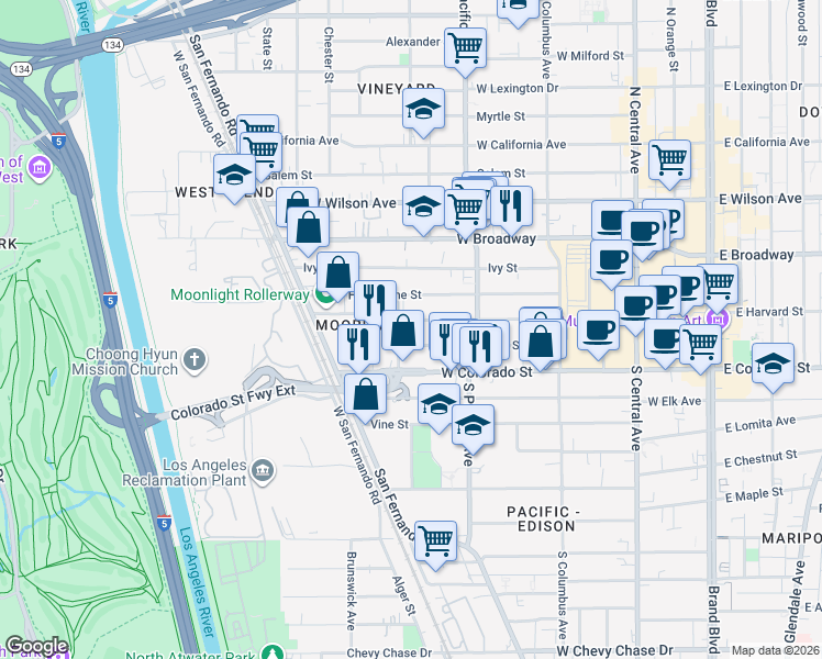map of restaurants, bars, coffee shops, grocery stores, and more near 539 West Harvard Street in Glendale