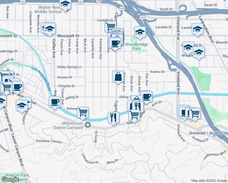 map of restaurants, bars, coffee shops, grocery stores, and more near 4170 Kraft Avenue in Los Angeles