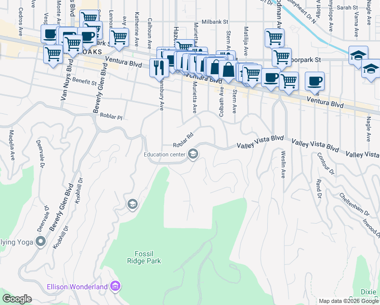 map of restaurants, bars, coffee shops, grocery stores, and more near 13957 Valley Vista Boulevard in Los Angeles