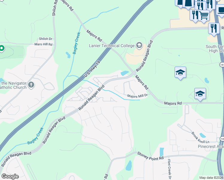 map of restaurants, bars, coffee shops, grocery stores, and more near 8445 Majors Mill Drive in Cumming