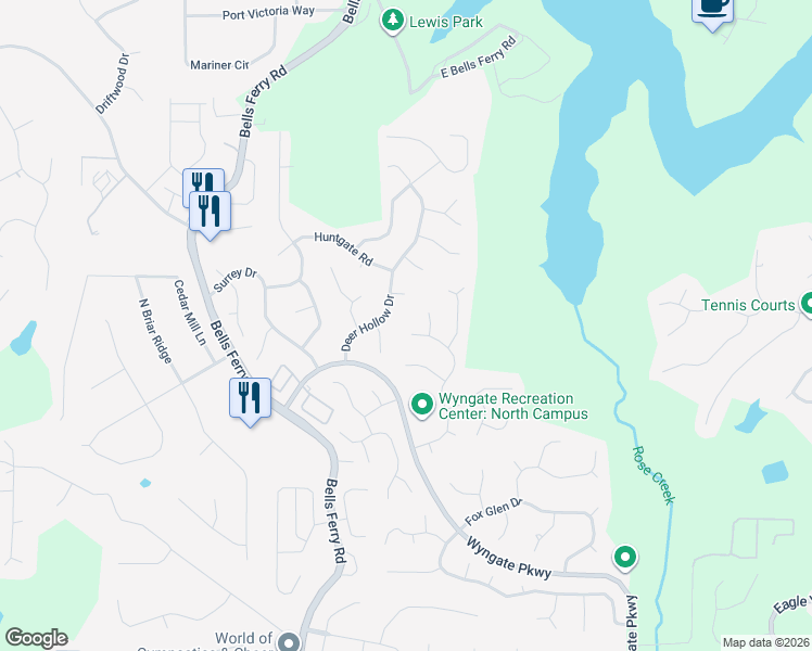 map of restaurants, bars, coffee shops, grocery stores, and more near 1036 Camden Lane in Woodstock