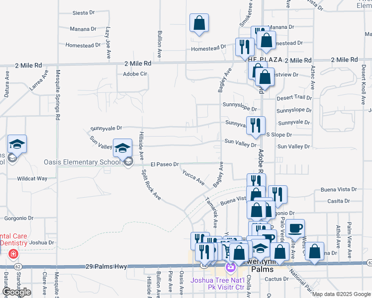 map of restaurants, bars, coffee shops, grocery stores, and more near 73393 Sun Valley Drive in Twentynine Palms