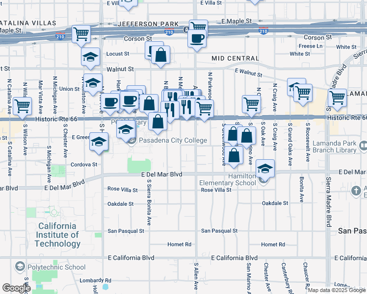 map of restaurants, bars, coffee shops, grocery stores, and more near 118 South Meridith Avenue in Pasadena