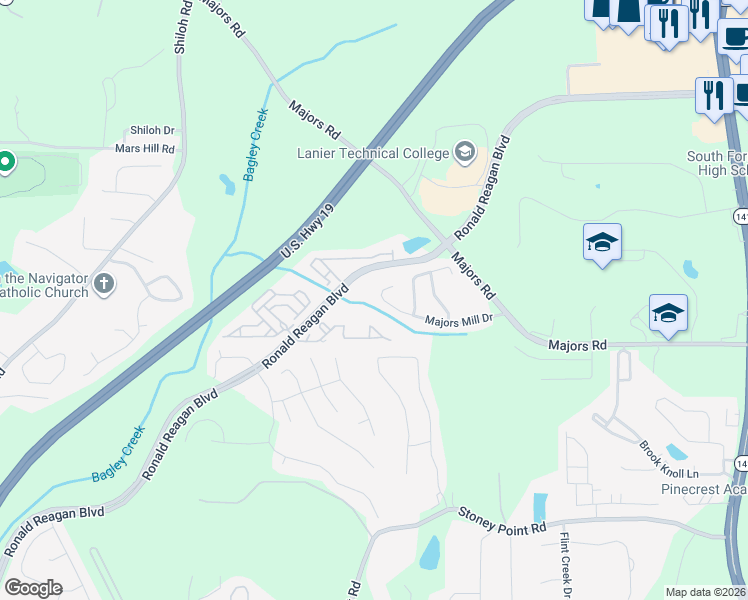 map of restaurants, bars, coffee shops, grocery stores, and more near 8445 Majors Mill Drive in Cumming