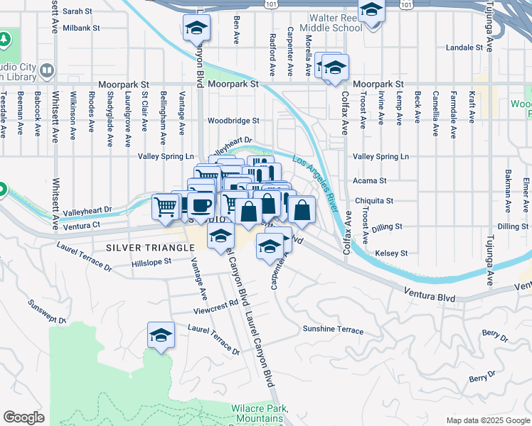 map of restaurants, bars, coffee shops, grocery stores, and more near 4024 Radford Avenue in Los Angeles