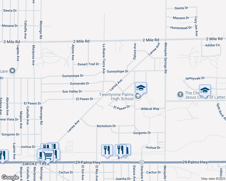 map of restaurants, bars, coffee shops, grocery stores, and more near 72555 Larrea Avenue in Twentynine Palms
