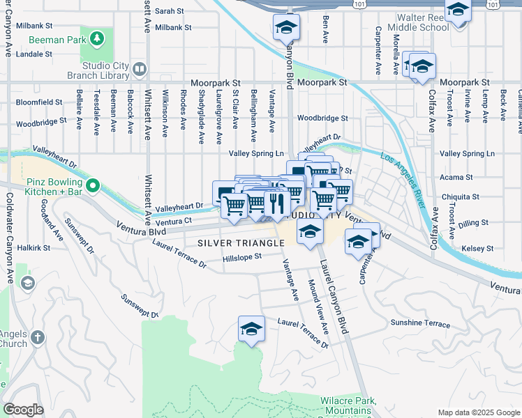map of restaurants, bars, coffee shops, grocery stores, and more near 12191 Ventura Boulevard in Los Angeles