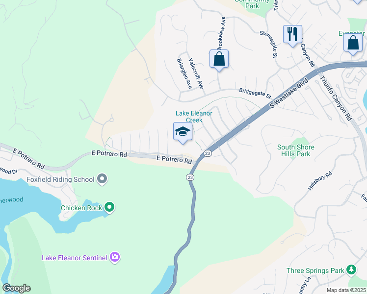 map of restaurants, bars, coffee shops, grocery stores, and more near 1571 East Potrero Road in Westlake Village