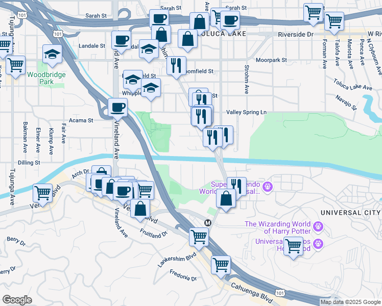 map of restaurants, bars, coffee shops, grocery stores, and more near 10635 Chiquita Street in Los Angeles