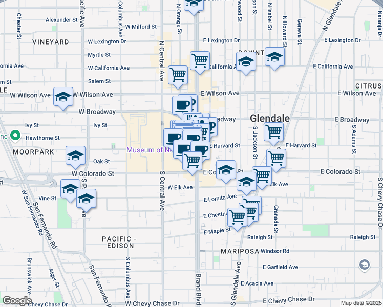 map of restaurants, bars, coffee shops, grocery stores, and more near 722 Americana Way in Glendale